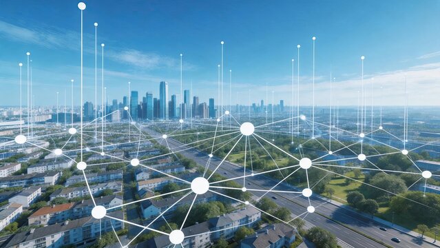 Smart city IoT network connection with data nodes and wireless technology overlay on aerial view of urban infrastructure landscape