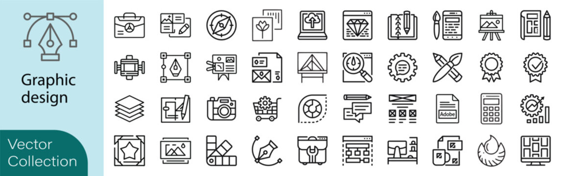 Graphic design icons. Creative process, branding, illustration and visual identity thin line icon set. Editable vector stroke