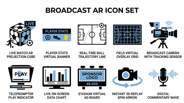 This vector illustration showcases a collection of 10 flat design icons related to broadcast augmented reality (AR) features in sports broadcasting, including live match projections, player stats