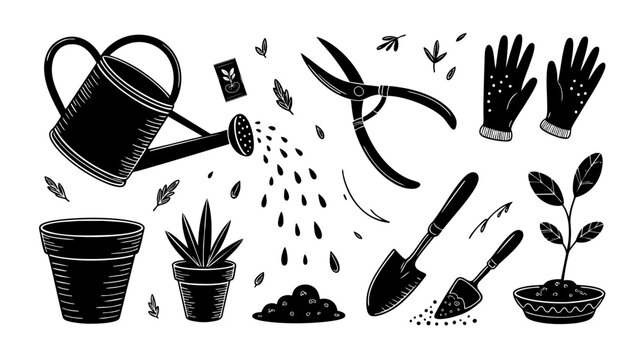 Whimsical hand drawn black horizontal banner with plant pot, watering can, seeds and floating water droplets for gardening website header