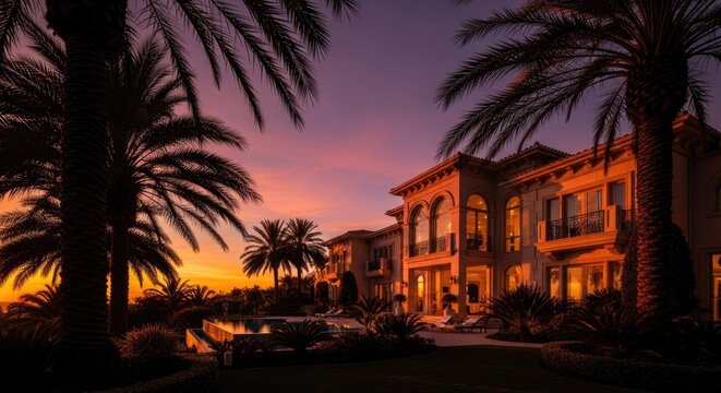 Luxury mansion silhouette at sunset with palm trees and dramatic sky