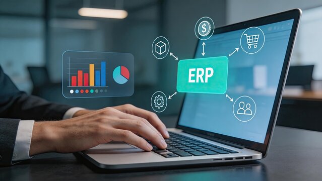 Business professional working on laptop displaying enterprise resource planning erp system with financial charts, logistics, shopping cart and management icons floating above