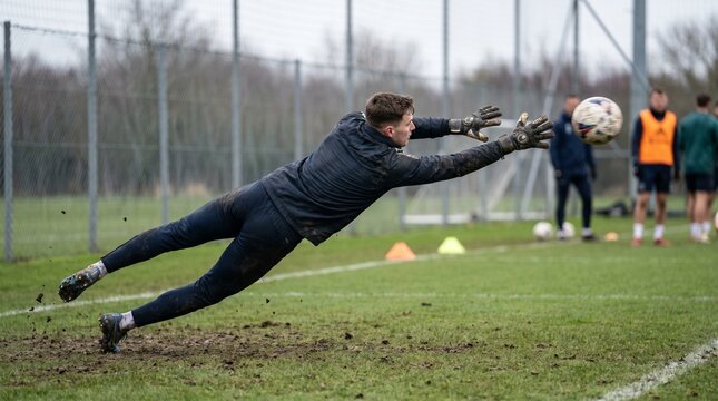Soccer goalkeeper diving to catch ball on field