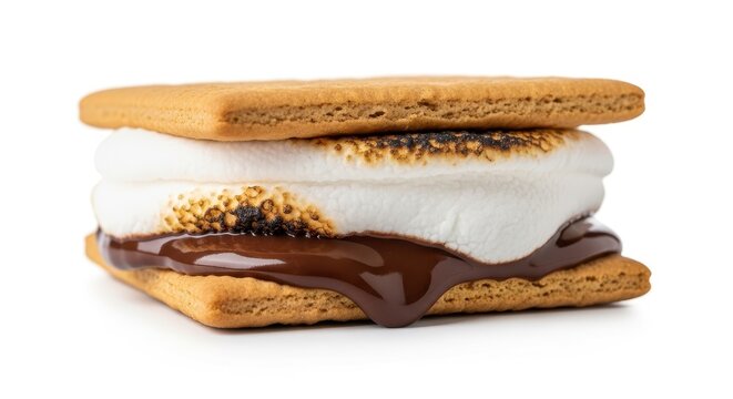 Delicious smore with toasted marshmallow, melted chocolate, and graham crackers, a classic campfire dessert or sweet treat, isolated on white background