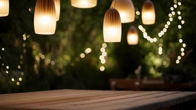 Softly glowing pendant lights illuminate a rustic wooden table in a cozy outdoor setting. Ideal for creating a warm and inviting atmosphere for gatherings