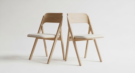 Naklejka premium Two modern wooden folding chairs with white upholstered seats isolated on white background