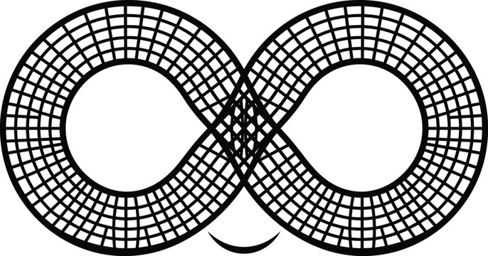 Infinity loop design with grid pattern and bottom smile curve symbol.