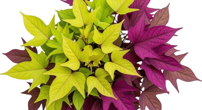 Top view of vibrant purple and lime green sweet potato vine leaves
