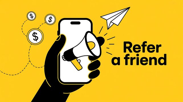 Referral marketing, refer a friend, mobile phone promotion, advertising concept