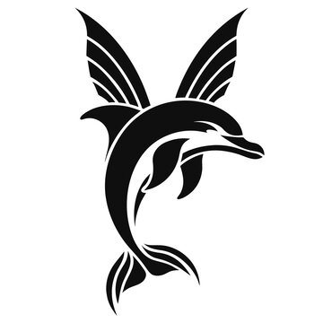 Stylized dolphin tribal tattoo art, black and white marine animal silhouette, flying dolphin with wings graphic icon on white background