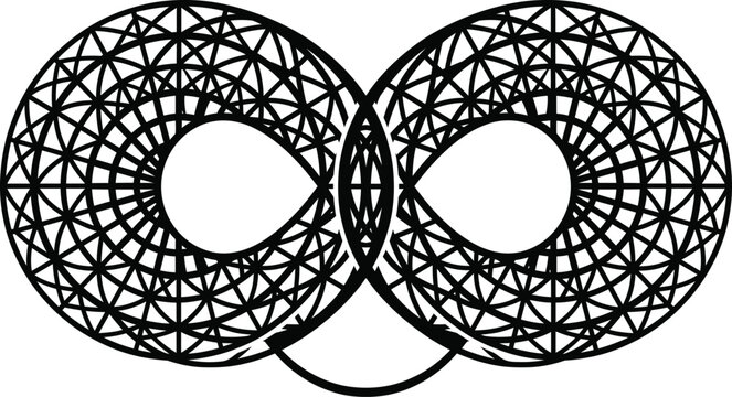Complex geometric circular pattern in infinity shape with smile curve icon.