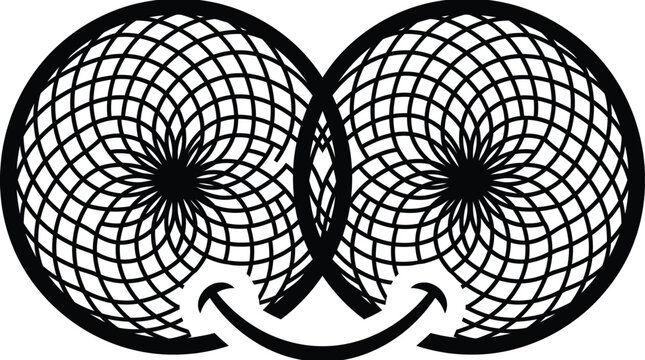 Abstract geometric pattern with dual circular mandala shapes and smile symbol.