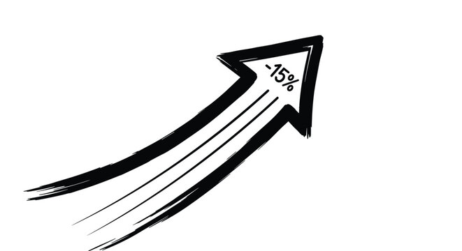 Upward pointing arrow with a hand-drawn brush stroke texture showing a fifteen percent decrease or reduction for business and finance concepts.