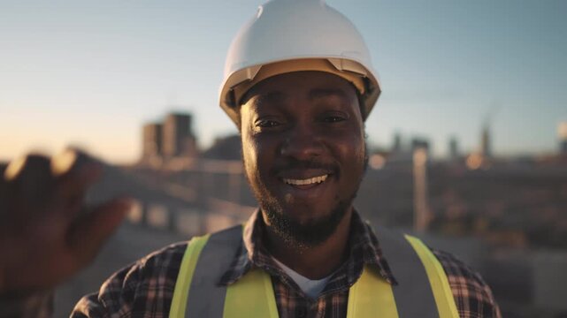 Happy smile on face of migrant worker in construction site, african man smiling. Joyful black guy looking at camera and smiling broadly, enjoying good job and loving professional, architect or builder
