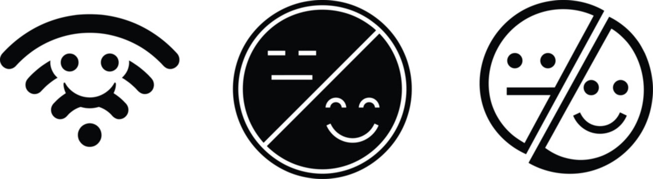 Collection of conceptual communication icons with signal bars and split personality faces.