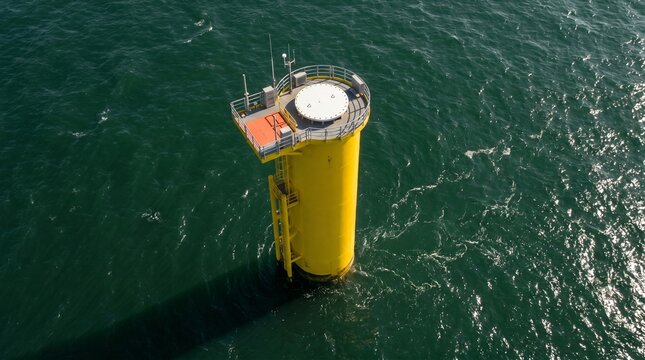Offshore wind turbine foundation in the calm sea, showing its robust structure and modern design for renewable energy generation