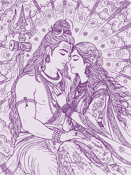 Lord Shiva and Parvati Hindu god Design Element. Sketch or Drawing of Shiva Parvati Outline Editable Vector Illustration