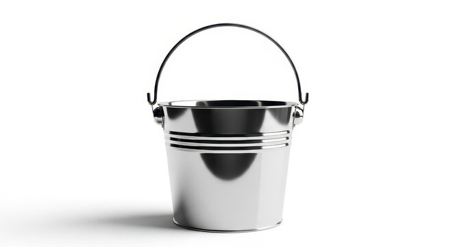 A shiny metallic bucket with a handle isolated on white background