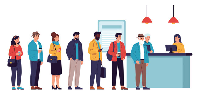 Diverse group of people standing in a long queue waiting for service at a reception counter in a public place or office with a friendly receptionist.