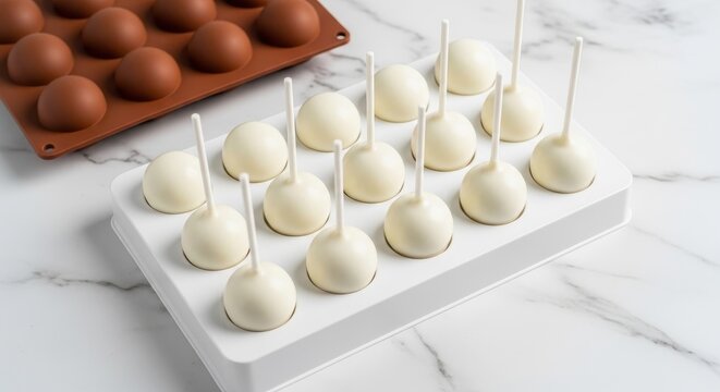 White chocolate cake pops on sticks in a silicone mold with a brown chocolate mold in the background