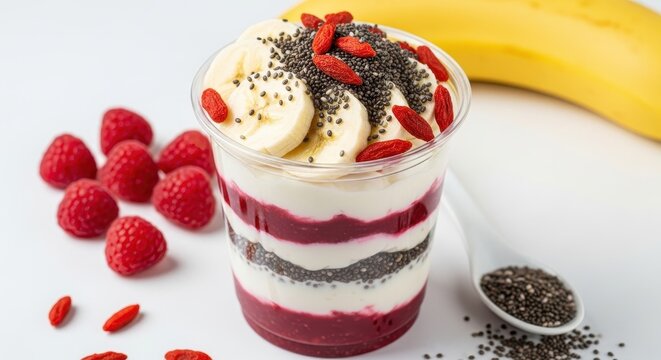 Yogurt parfait with berries, banana, chia seeds, and goji berries, isolated on white background