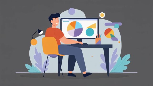 Animated man working on computer with data charts and graphs in home office illustration