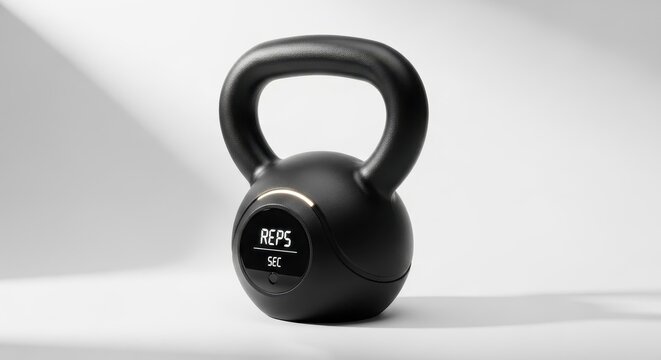 Smart kettlebell with digital display showing reps and seconds isolated on white background