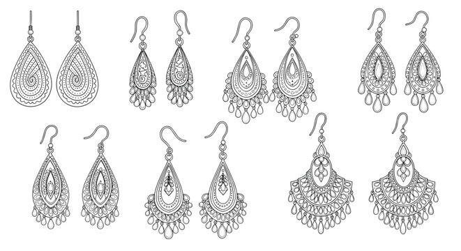 Set of hand drawn bohemian style earrings with intricate geometric patterns and dangling teardrop details in black and white line art.
