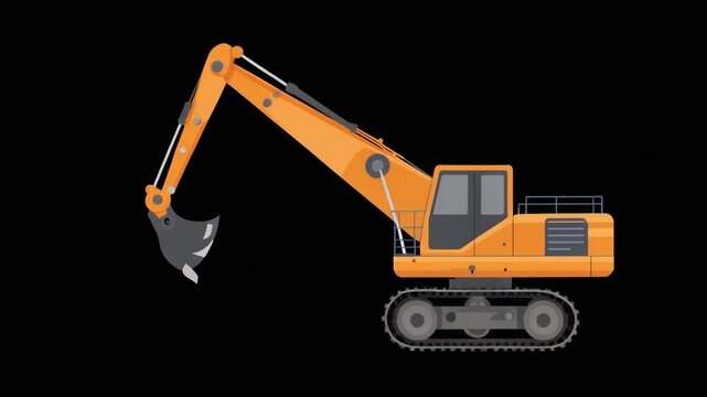 Animated Yellow Excavator Heavy Machinery Moving Bucket Isolated on Black Background