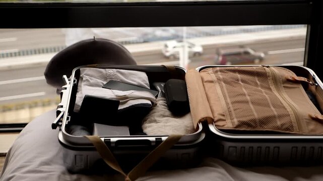 Pillow fly into bag, roll and tumble down on the floor, slow motion shot. Relaxed traveler lazily packing up small suitcase. Toss neck pillow and miss