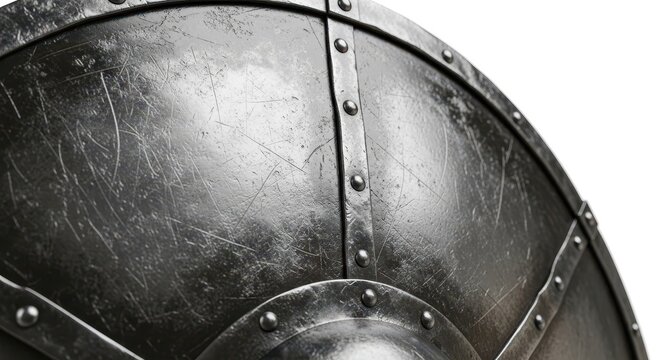 Closeup of a medieval metal shield with scratches and rivets, isolated on white background