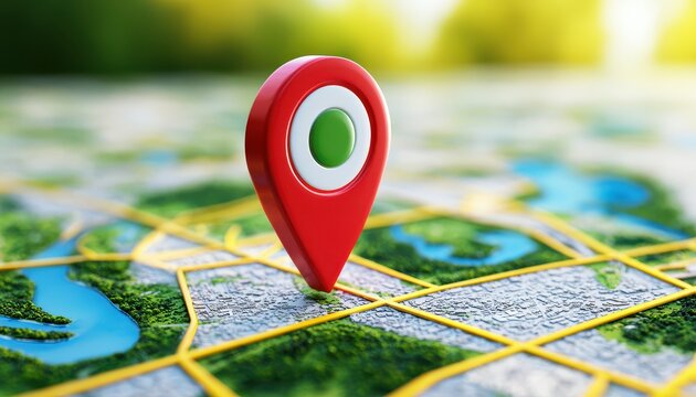 3D render of a red map location pin on a stylized city map