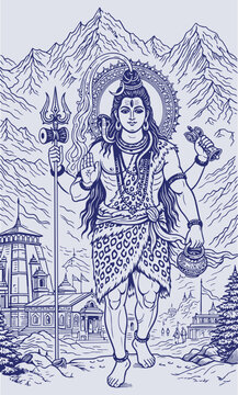 Lord Shiva and Parvati Hindu god Design Element. Sketch or Drawing of Shiva Parvati Outline Editable Vector Illustration