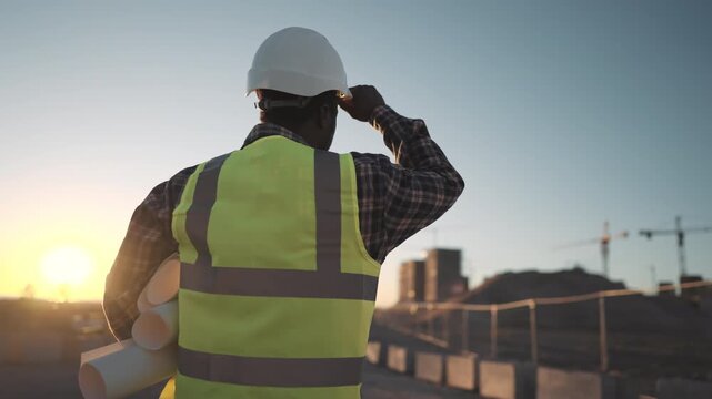Laborer in construction site, back view of african man in white hardhat and vest. Migrant worker