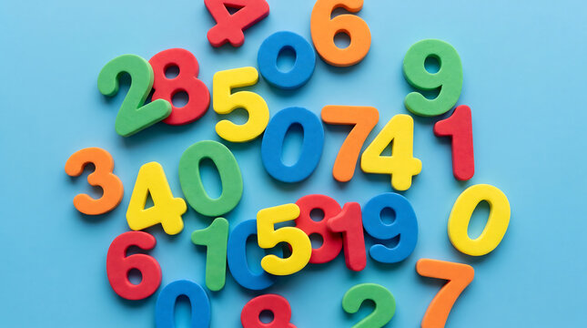Colorful plastic numbers, educational toys, magnetic digits, learning tools, colorful background