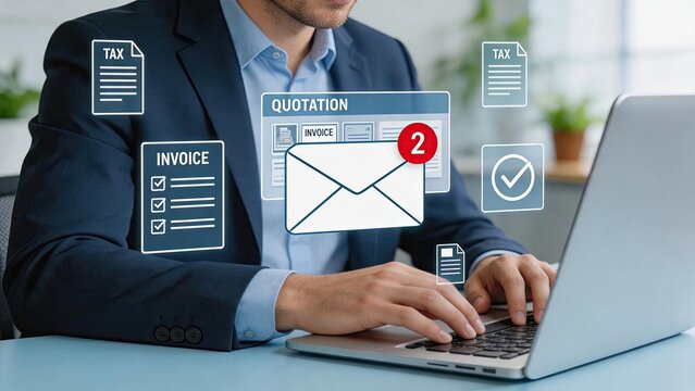 Businessman typing on laptop surrounded by floating icons of tax forms, invoices, quotations, and email notifications, representing administrative workload, financial