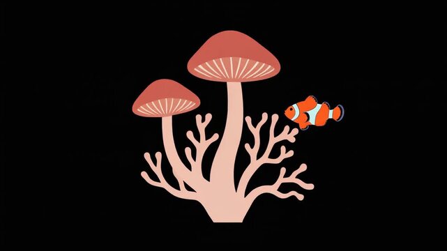 Flat Animation of an Orange Clownfish Swimming near Surreal Mushrooms and Coral on Black