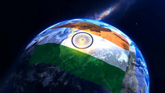 Earth rotating with the Indian flag prominently displayed, symbolizing national pride and global presence. A representation of India's identity in the world
