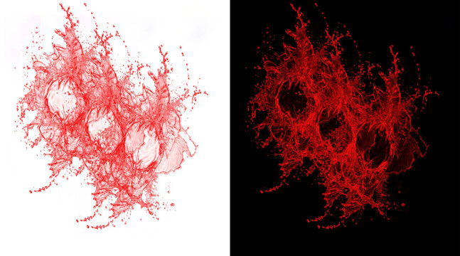 Dynamic red liquid splash on white and black backgrounds, vibrant wine or juice explosion with water droplets, abstract crimson fluid motion