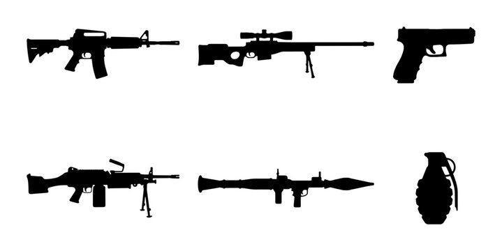 Military Weapon Silhouettes: Assault Rifle, Sniper, Pistol, Machine Gun, Rocket Launcher, Grenade
