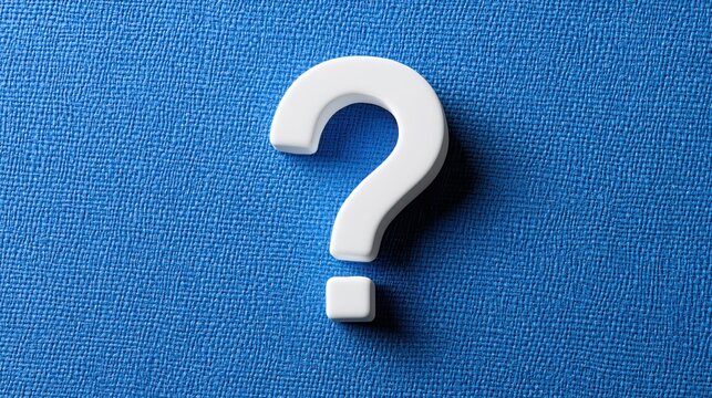 White question mark symbol on a textured blue fabric background