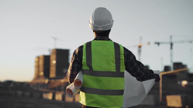 In construction site, professional engineer checking works in building area. Foreman controlling project implementation, deadlines, contemporary technology and innovation in construction industry