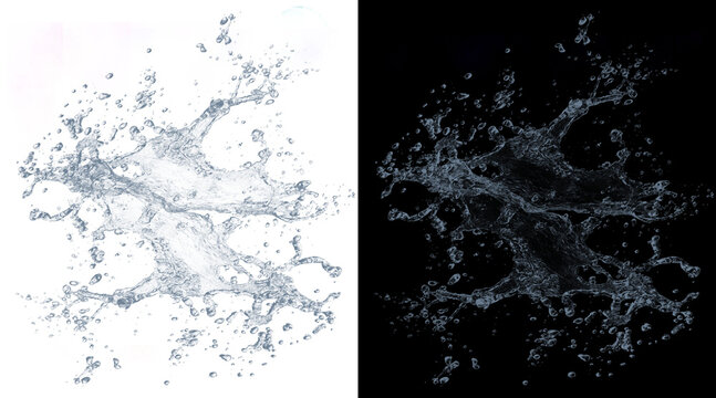 Dynamic water splash with droplets on white and black background, crystal clear liquid explosion, refreshing water burst for beverage advertising
