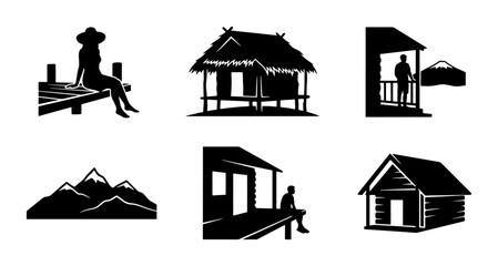 Naklejka premium Rustic Hut, Mountain Landscape, Silhouette Figures: Vector Icons for Rural Living & Serenity