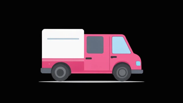 Animated Pink Delivery Truck Driving on Black Background Flat 2D Style