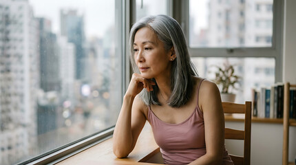 Fototapeta premium Mature asian woman sitting by window looking outside thoughtfully in pink top