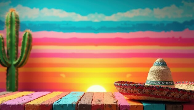 Wooden table with cactus and sombrero. Colorful stripes in sky create festive Mexican background for fiesta celebration or travel theme. Sunny day at desert.