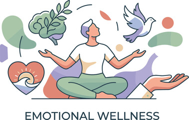 Obraz premium Emotional Wellness Concept Illustration with Person Meditating, Brain, Dove, and Heart Symbols for Mental Health, Self Care, and Mindfulness Designs