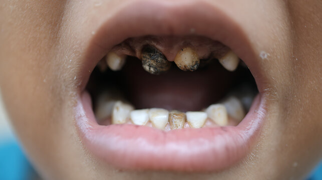Child mouth showing severe tooth decay and poor oral hygiene issues for dental health awareness needs
