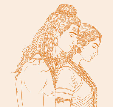 Lord Shiva and Parvati Hindu god Design Element. Sketch or Drawing of Shiva Parvati Outline Editable Vector Illustration